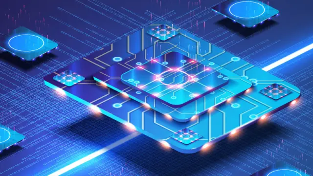 A futuristic, glowing blue illustration of a multi-layered computer chip with data flowing through circuits on a binary code grid.
